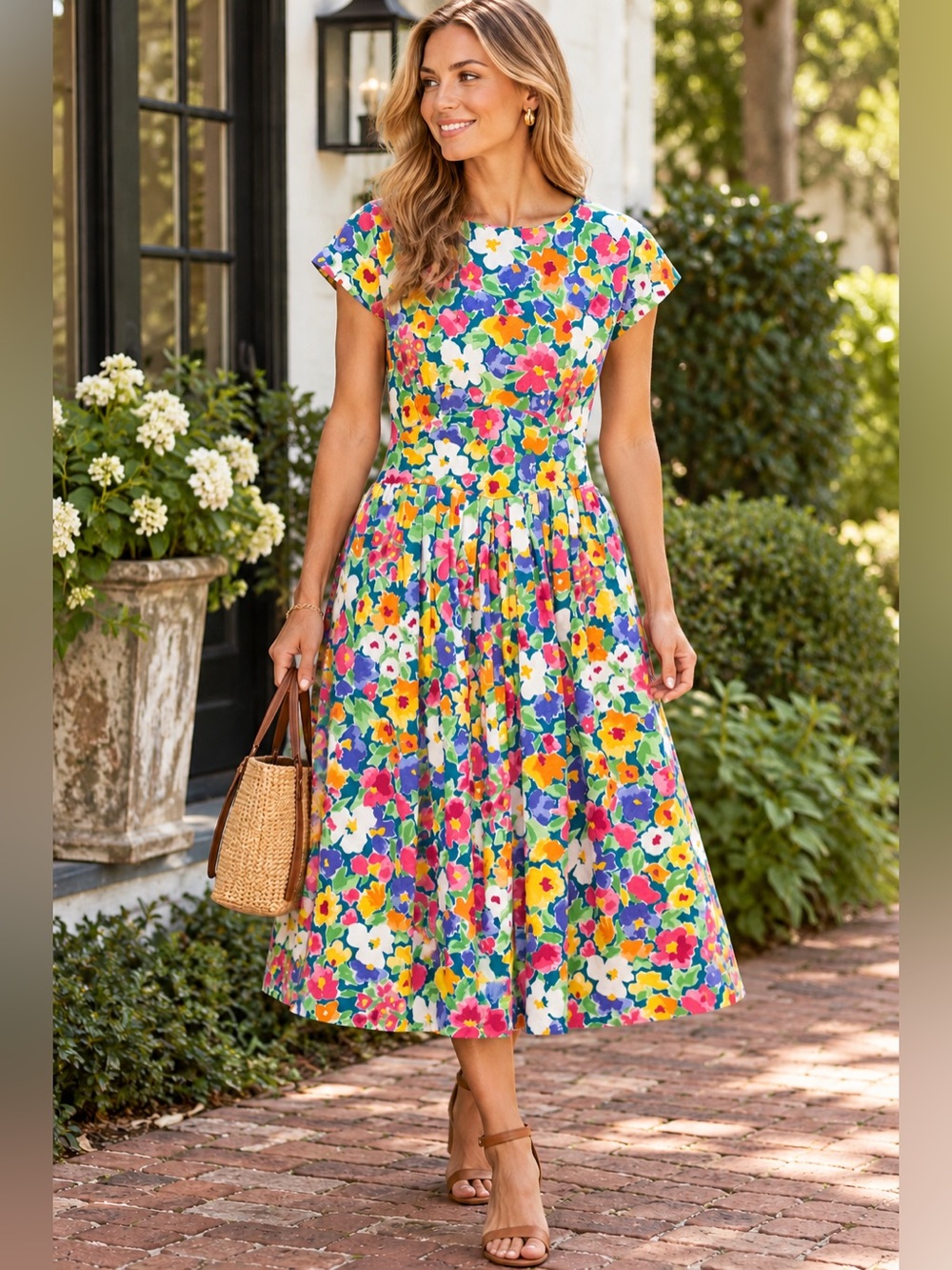 Vintage 80s Jessica Howard Floral Fit & Flare Midi Dress Made USA